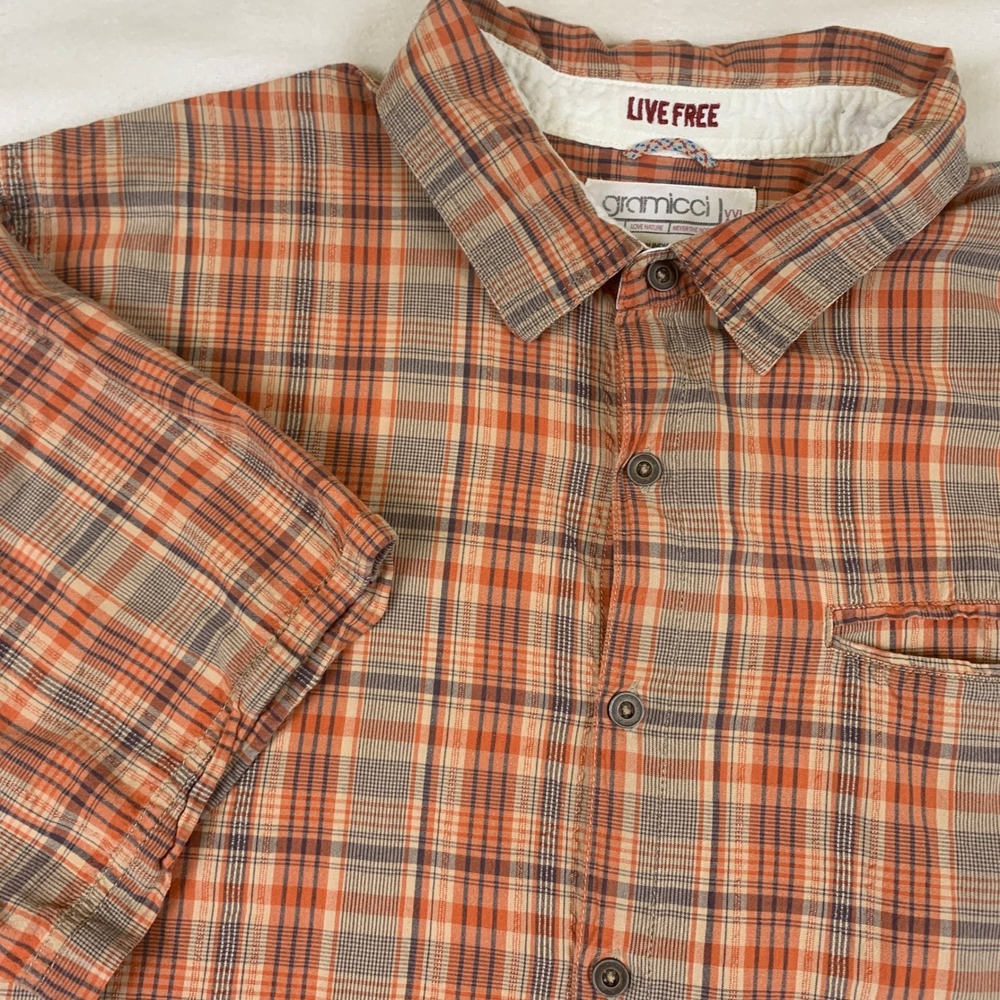 Gramicci Mens XXL Orange Plaid Short Sleeve Button Down Shirt Cotton Blend G101